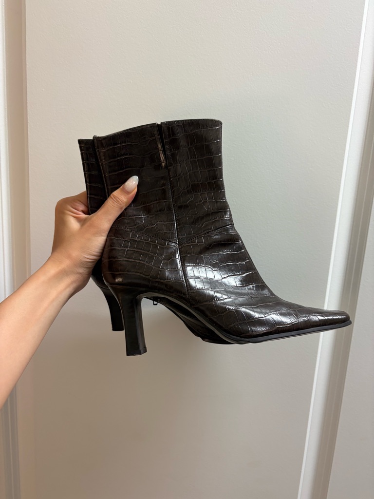 Croc-Embossed Pointed Toe Ankle Boots - Black/Brown